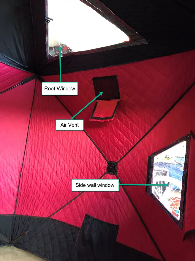 Looking inside an ice shelter and diagram of windows and vents