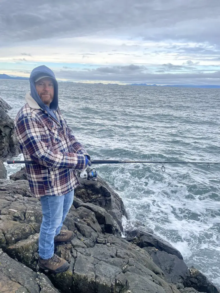 Jesse fishing from Shore for Salmon